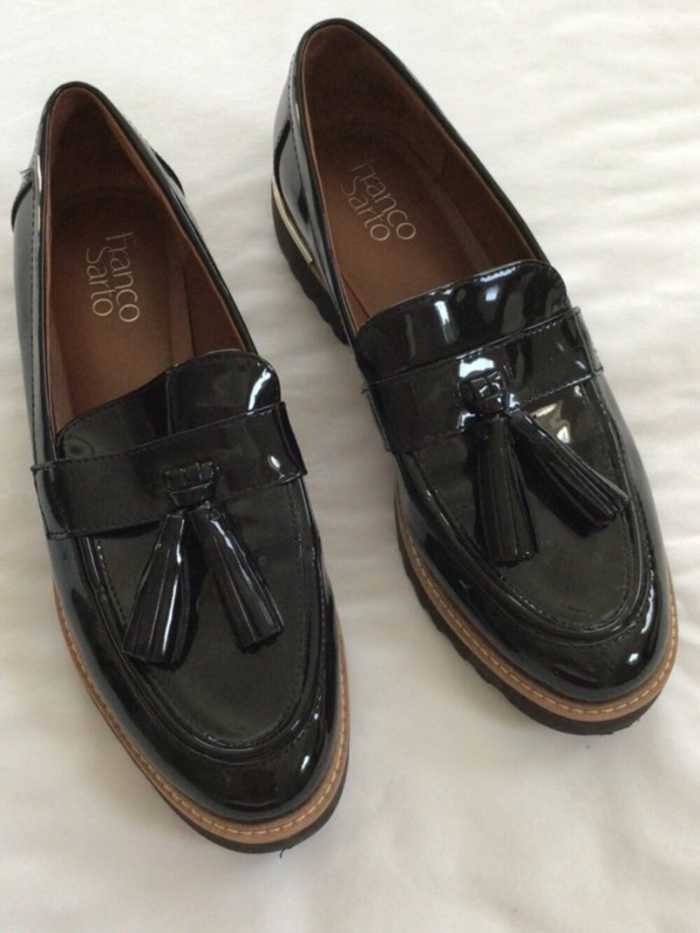 Franco Sarto Platform Black Patent Tassel Loafers Sz 8.5